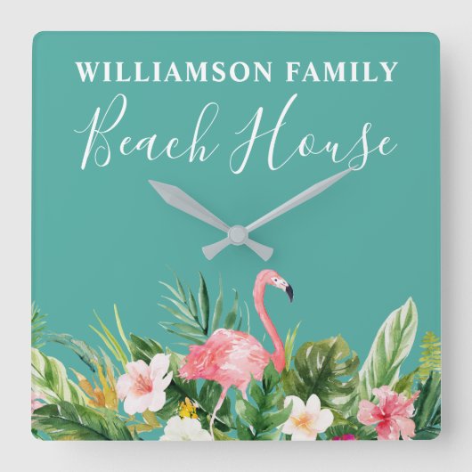 ウォーターカラートロピカルフローラファミリーネームビーチハウス スクエア壁時計 (正面)
