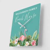 ウォーターカラートロピカルフローラファミリーネームビーチハウス スクエア壁時計 (傾斜)