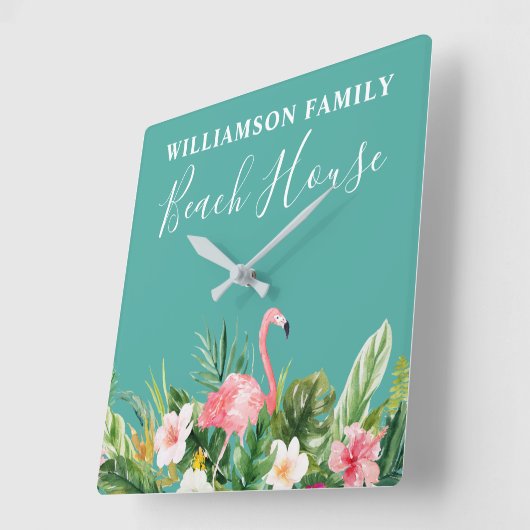 ウォーターカラートロピカルフローラファミリーネームビーチハウス スクエア壁時計 (傾斜)