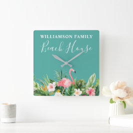 ウォーターカラートロピカルフローラファミリーネームビーチハウス スクエア壁時計