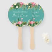 ウォーターカラートロピカルフローラファミリーネームビーチハウス ハンドファン (正面&裏面)