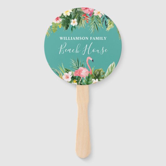 ウォーターカラートロピカルフローラファミリーネームビーチハウス ハンドファン (正面)