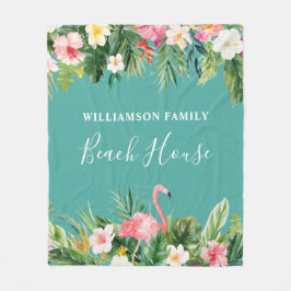 ウォーターカラートロピカルフローラファミリーネームビーチハウス フリースブランケット