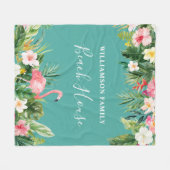 ウォーターカラートロピカルフローラファミリーネームビーチハウス フリースブランケット (正面(横))