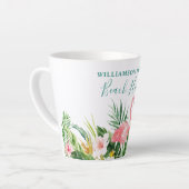 ウォーターカラートロピカルフローラファミリービーチハウスティール（緑がかった色） カフェラテマグ (左アングル)