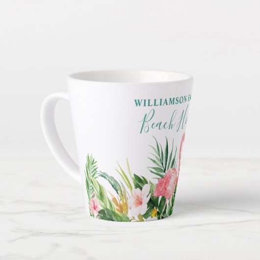 ウォーターカラートロピカルフローラファミリービーチハウスティール（緑がかった色） カフェラテマグ (左アングル)