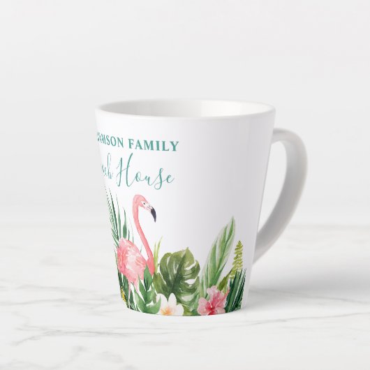 ウォーターカラートロピカルフローラファミリービーチハウスティール（緑がかった色） カフェラテマグ (右アングル)