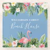 ウォーターカラートロピカルフローラファミリービーチハウスブルー ガラスコースター (正面)