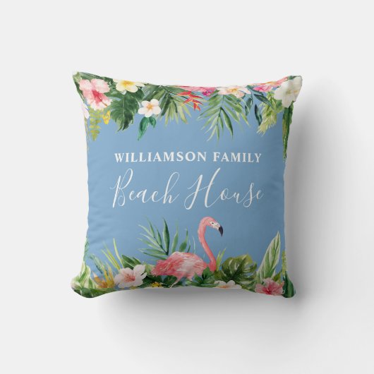ウォーターカラートロピカルフローラファミリービーチハウスブルー クッション (正面)