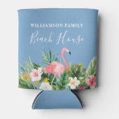 ウォーターカラートロピカルフローラファミリービーチハウスブルー 缶クーラー (正面)