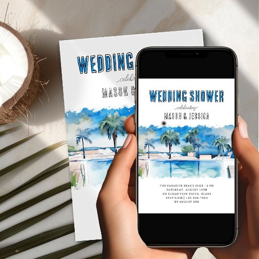 ウォーターカラートロピカルプールサマーウェディングシャワー 招待状