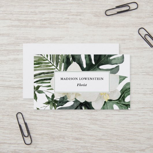 ウォーターカラートロピカルランモンステラグリーンリー 名刺 (正面/裏面インサイチュ)
