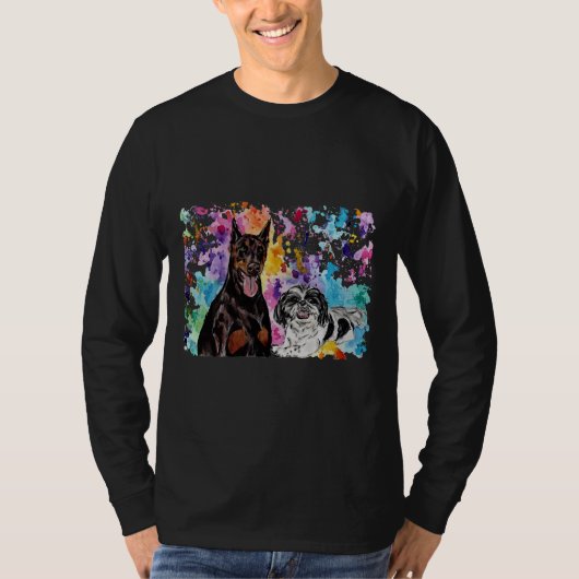 ウォーターカラードバーマンアンドシーズー(犬)Tzu Tシャツ (正面)