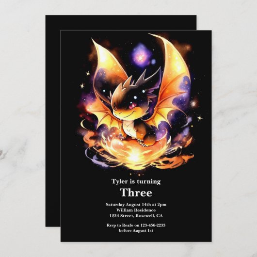 ウォーターカラードラゴン誕生日招待状 招待状 (正面/裏面)