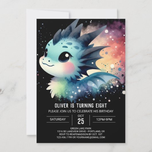 ウォーターカラードリーミードラゴン誕生日 招待状 (正面)