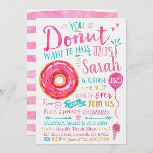 ウォーターカラードーナツ誕生日招待状 招待状 (正面/裏面)
