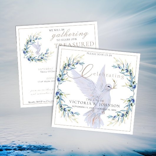 ウォーターカラードーブ&オリーブブランチお祝いオブライフ 招待状