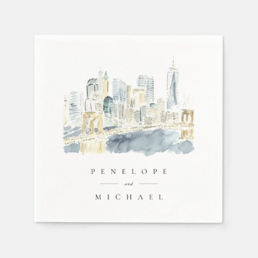 ウォーターカラーニューヨーパーソナライズされたクシティ結婚ズ スタンダードカクテルナプキン (正面)