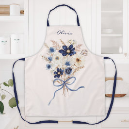 ウォーターカラーネイビーブルーの花束のオーダーメイド エプロン