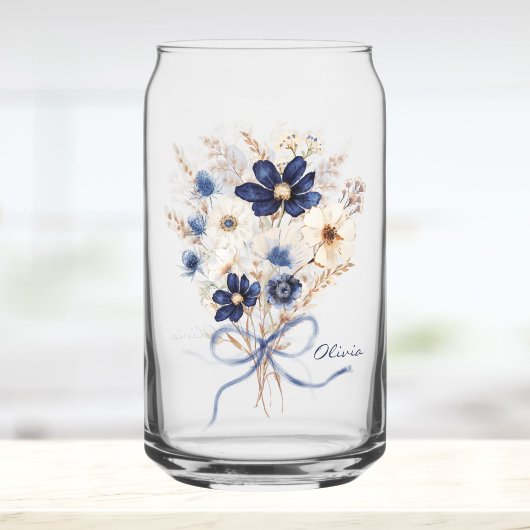 ウォーターカラーネイビーブルーの花束のオーダーメイド ガラス缶