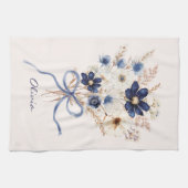 ウォーターカラーネイビーブルーの花束のオーダーメイド キッチンタオル (横)
