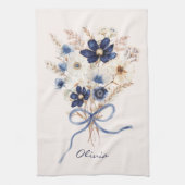 ウォーターカラーネイビーブルーの花束のオーダーメイド キッチンタオル (縦)