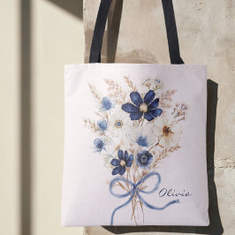 ウォーターカラーネイビーブルーの花束のオーダーメイド トートバッグ
