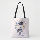 ウォーターカラーネイビーブルーの花束のオーダーメイド トートバッグ (正面)