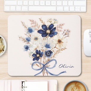 ウォーターカラーネイビーブルーの花束のオーダーメイド マウスパッド