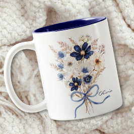 ウォーターカラーネイビーブルーの花束 オーダーメイド ツートーンマグカップ