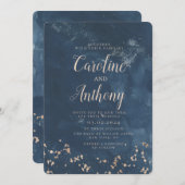 ウォーターカラーネイビーブルースターバラ金ゴールド結婚ズ 招待状 (正面/裏面)