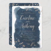 ウォーターカラーネイビーブルースターバラ金ゴールド結婚ズ 招待状 (正面/裏面)