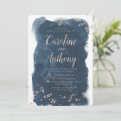 ウォーターカラーネイビーブルースターバラ金ゴールド結婚ズ 招待状 (スタンド正面)