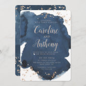 ウォーターカラーネイビーブルースターバラ金ゴールド結婚ズ 招待状 (正面/裏面)