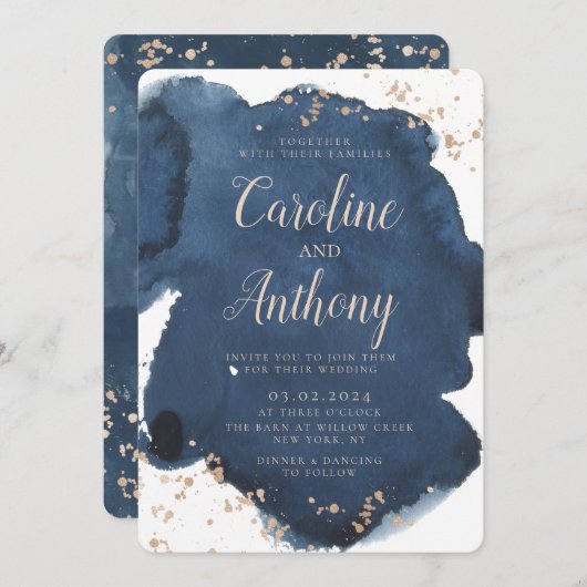 ウォーターカラーネイビーブルースターバラ金ゴールド結婚ズ 招待状 (正面/裏面)