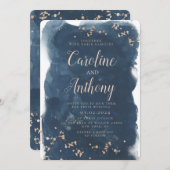ウォーターカラーネイビーブルースターバラ金ゴールド結婚ズ 招待状 (正面/裏面)
