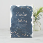 ウォーターカラーネイビーブルースターバラ金ゴールド結婚ズ 招待状 (スタンド正面)