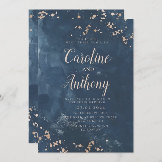 ウォーターカラーネイビーブルースターバラ金ゴールド結婚ズ 招待状 (正面/裏面)