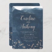 ウォーターカラーネイビーブルースターバラ金ゴールド結婚ズ 招待状 (正面/裏面)