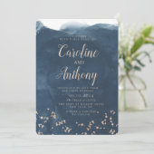 ウォーターカラーネイビーブルースターバラ金ゴールド結婚ズ 招待状 (スタンド正面)