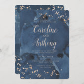 ウォーターカラーネイビーブルースターバラ金ゴールド結婚ズ 招待状 (正面/裏面)