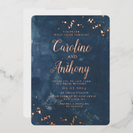 ウォーターカラーネイビーブルースターバラ金ゴールド結婚ズ 箔招待状