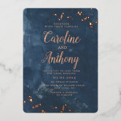 ウォーターカラーネイビーブルースターバラ金ゴールド結婚ズ 箔招待状 (正面)