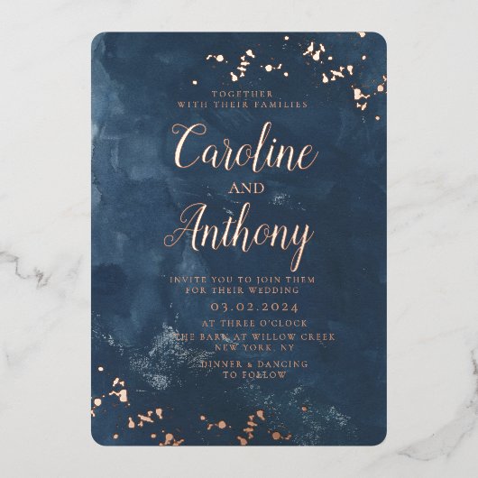 ウォーターカラーネイビーブルースターバラ金ゴールド結婚ズ 箔招待状 (正面)