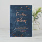 ウォーターカラーネイビーブルースターバラ金ゴールド結婚ズ 箔招待状 (立ち正面)