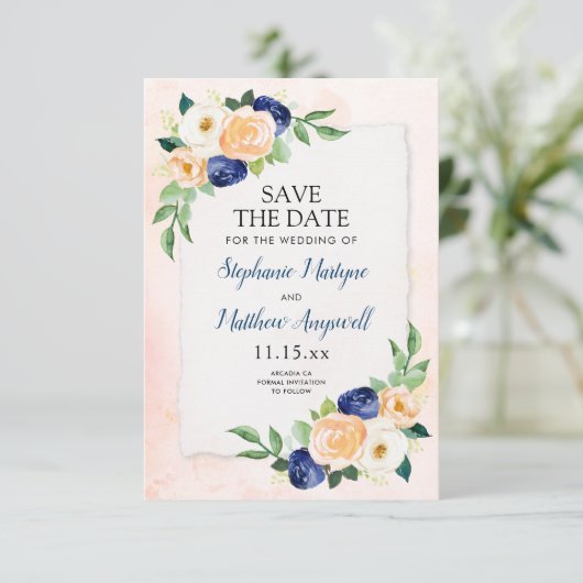 ウォーターカラーネイビーブルーピーチコーラル結婚フローラ セーブザデート (スタンド正面)