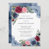 ウォーターカラーネイビーブルーブルゴーニュ赤面ブライダルシャワー 招待状 (正面/裏面)