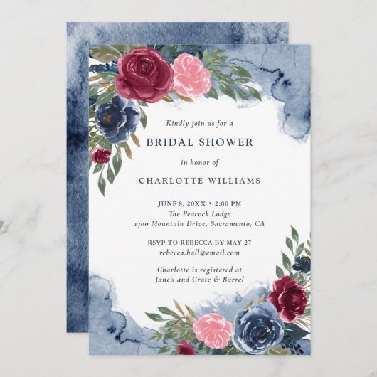 ウォーターカラーネイビーブルーブルゴーニュ赤面ブライダルシャワー 招待状 (正面/裏面)
