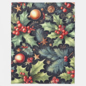 ウォーターカラーネイビー&ホリーホリデーモチーフ フリースブランケット (正面)