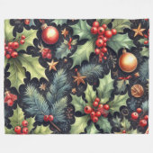 ウォーターカラーネイビー&ホリーホリデーモチーフ フリースブランケット (正面(横))